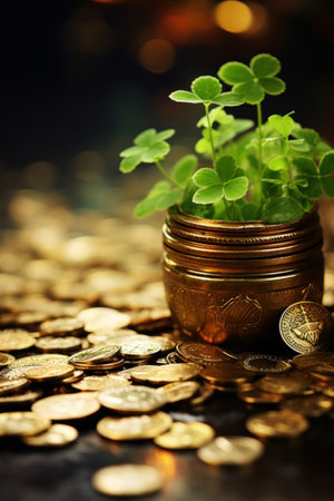 A small plant growing in a jar of coins on top of many more, AIの素材