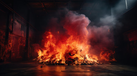 A large fire in a building with some people standing around it, AIの素材