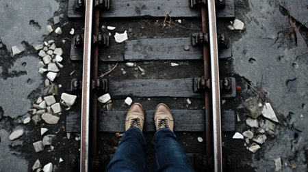 A person standing on a narrow gauge railway track with their feet in the air, AIの素材
