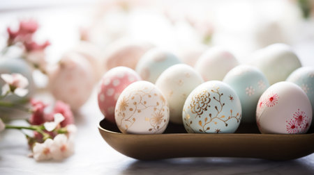 A close up of a bowl filled with colorful eggs and flowers, AIの素材