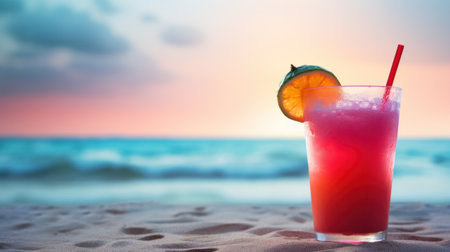A drink with a straw and orange slice on the beach, AIの素材