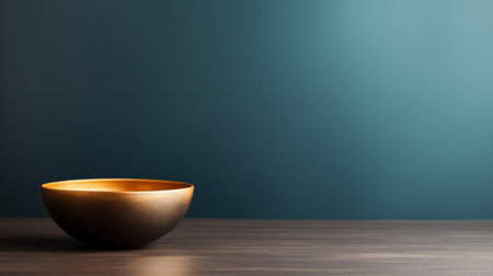 A small gold bowl sitting on a wooden table against blue wall, AIの素材