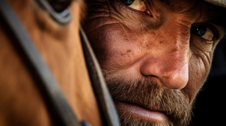 A close up of a man with hat and beard looking at the camera, AIの素材