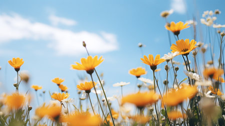 A field of yellow and white flowers with a blue sky in the background, AIの素材