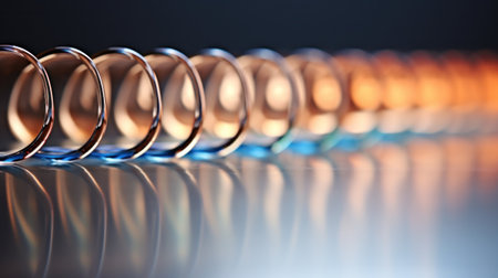 A row of rings are lined up on a shiny surface, AIの素材