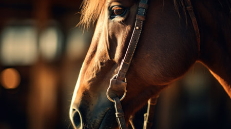 A close up of a horse with bridle and reins in hand, AIの素材
