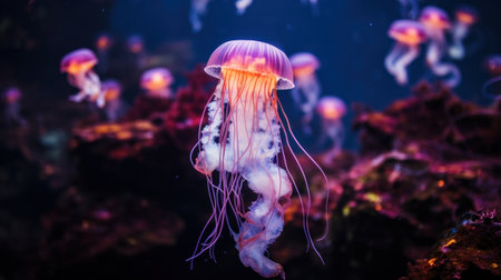 A group of jellyfish swimming in the ocean with purple and pink lights, AIの素材