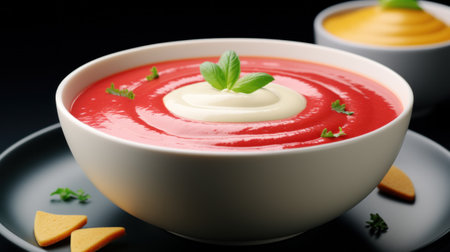 A bowl of soup with a garnish on top and some crackers, AIの素材