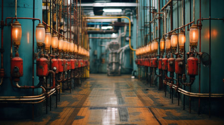 A long hallway with many pipes and lights in it, AIの素材