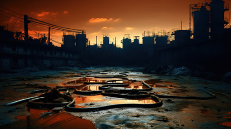 A dirty water is flowing through a city at sunset, AIの素材