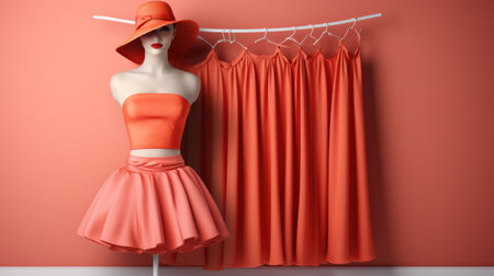A mannequin wearing a hat and dress with orange skirts, AIの素材