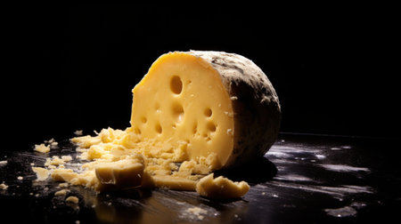 A cheese is being cut into pieces on a black surface, AIの素材