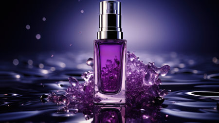 A bottle of perfume sitting on top of a purple liquid, AIの素材