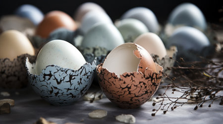A group of cracked eggs with some still intact on a table, AIの素材