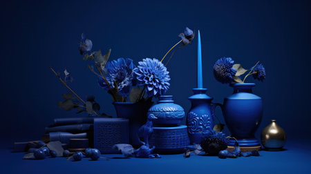 A group of blue vases and other objects with flowers, AIの素材