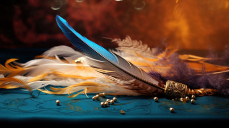 A close up of a feather laying on top of some beads, AIの素材