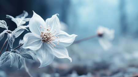 A close up of a white flower with leaves and stems, AIの素材