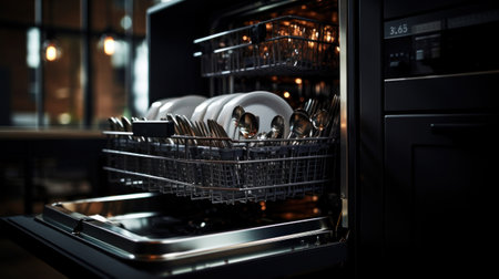 A dishwasher with a full load of dishes and silverware, AIの素材