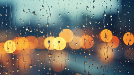 A view of a window with rain drops on it and lights in the background, AIの素材