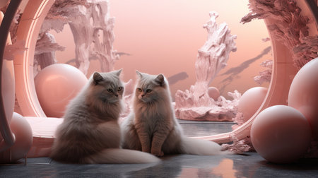 Two cats are sitting on a pink background with balloons, AIの素材