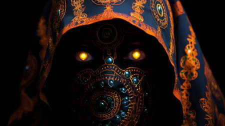 A close up of a person wearing an elaborate mask with glowing eyes, AIの素材