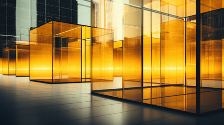 A group of glass boxes with yellow lights inside them, AIの素材