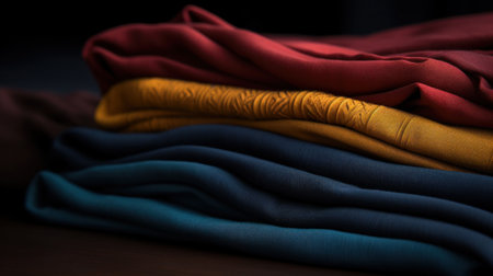 A stack of folded clothes on a table with light shining through, AIの素材