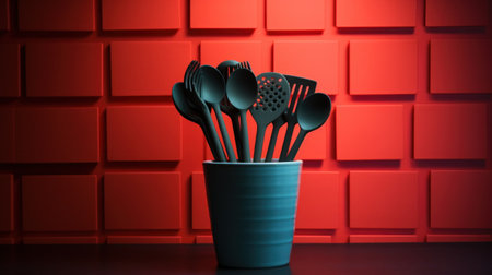 A cup of utensils are arranged in a vase on the table, AIの素材