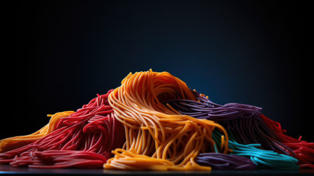A pile of colorful noodles on a black table, AIの素材