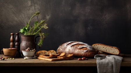 A table with bread, vegetables and a vase of flowers, AIの素材