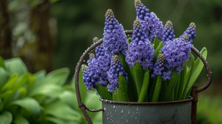 A bucket of flowers in a garden with green leaves, AIの素材
