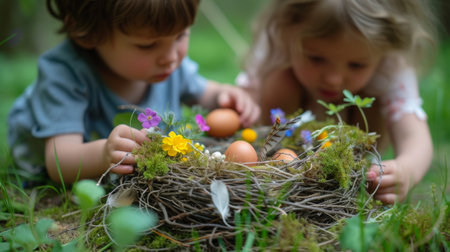 Two children are playing with eggs in a nest, AIの素材