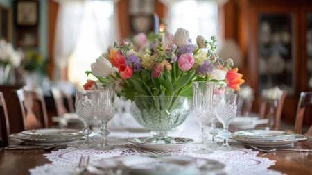 A table with a vase of flowers and glasses on it, AIの素材