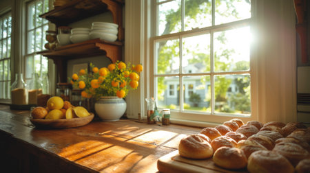 A kitchen counter with a bunch of food and some lemons, AIの素材