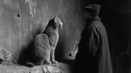 A man and cat looking at each other in a black and white photo, AIの素材