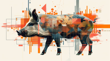 A boar is shown in a colorful abstract painting with geometric shapes, AIの素材