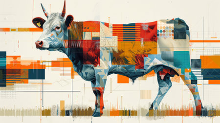 A painting of a cow with geometric patterns on its body, AIの素材