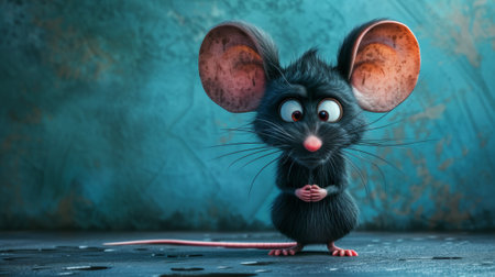 A cartoon mouse with big ears standing on a blue floor, AIの素材