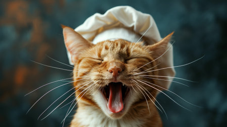 A cat wearing a chefs hat with its mouth open, AIの素材