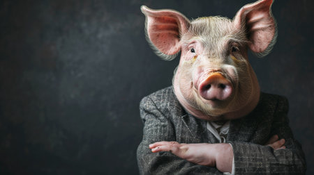 A pig wearing a suit and tie with his arms crossed, AIの素材