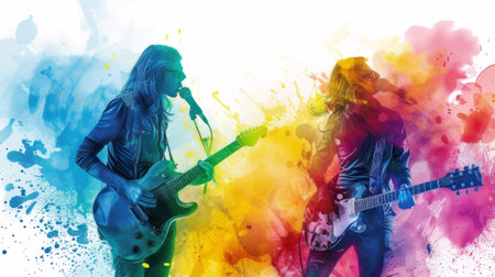 Two people playing guitars in front of a colorful background, AIの素材