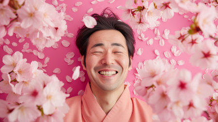 A man in pink robe smiling while surrounded by flowers, AIの素材