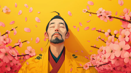 A man with a beard and yellow shirt surrounded by pink flowers, AIの素材