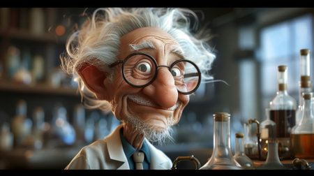 A cartoon character with glasses and a white beard is standing in front of bottles, AIの素材
