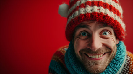 A man in a hat and scarf smiling with his eyes closed, AIの素材