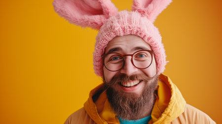 A man with a beard and glasses wearing bunny ears, AIの素材
