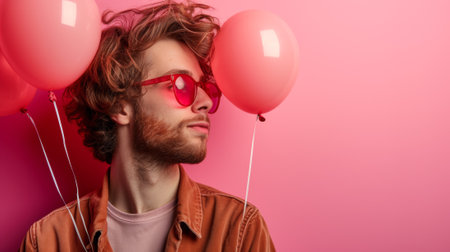 A man with sunglasses and pink hair holding balloons, AIの素材
