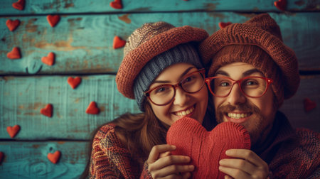 A man and woman holding a heart shaped object in front of them, AIの素材