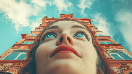 A woman with red hair looking up at a tall building, AIの素材