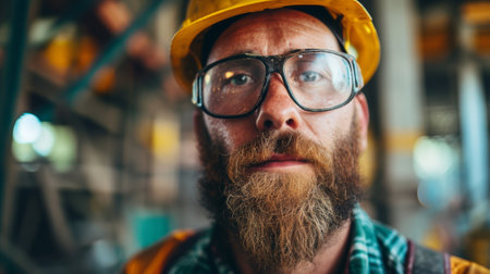 A man with a beard and glasses wearing safety gear, AIの素材